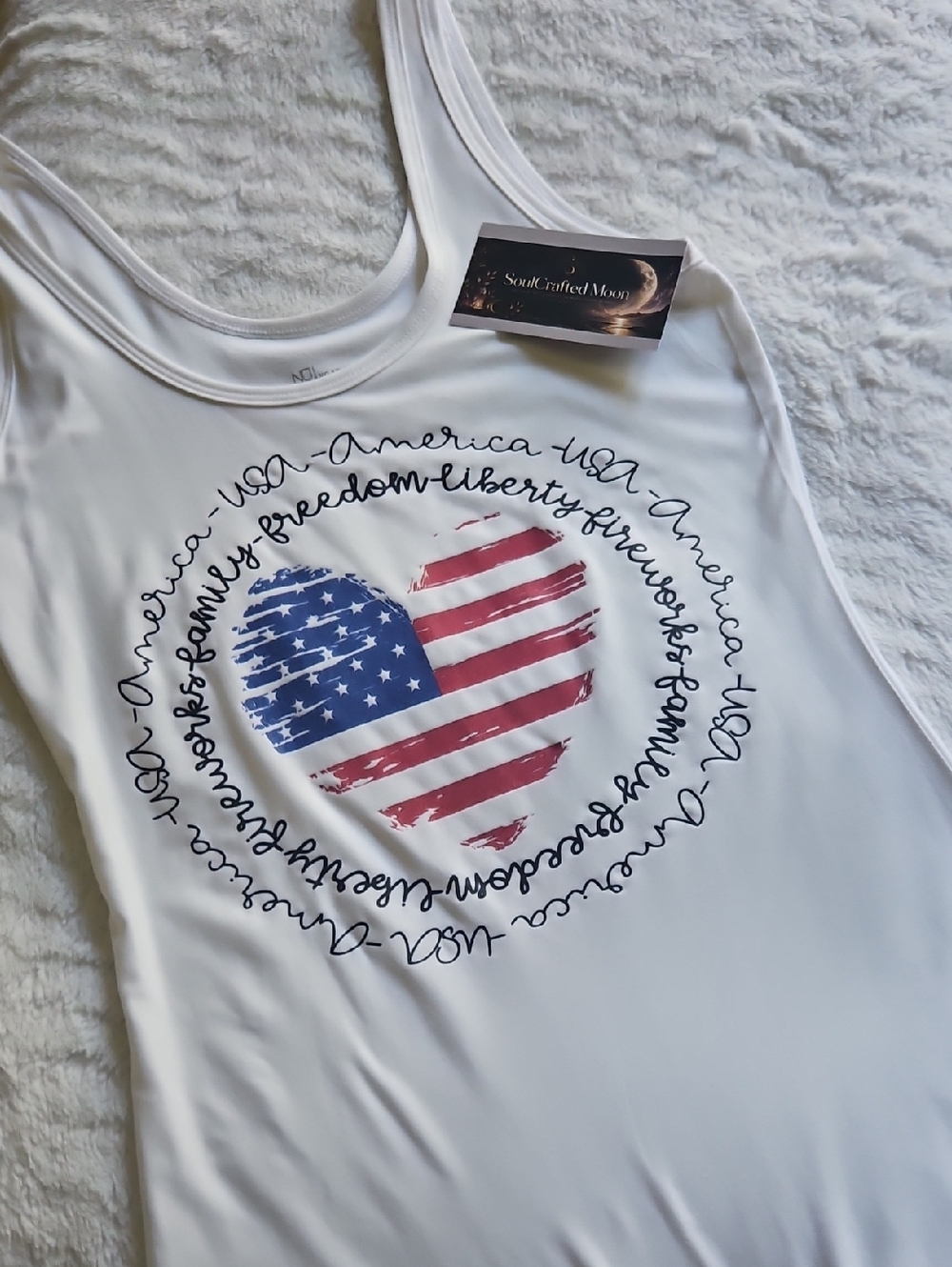 No Boundaries White Tank Top with Red & Blue American Heart